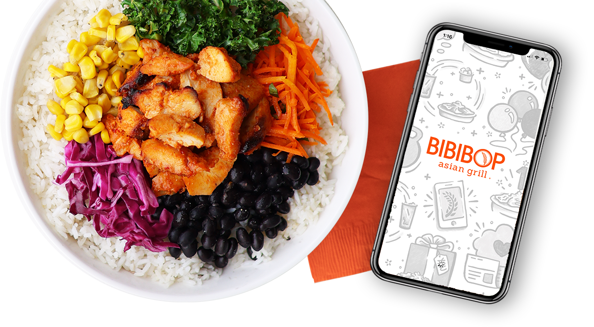 Bibibop bowl with napkin and phone with mobile ordering app