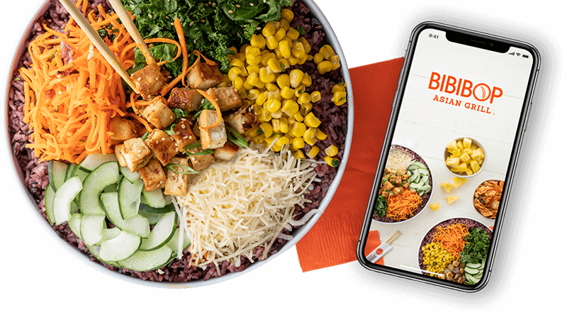 Bibibop bowl with napkin and phone with mobile ordering app